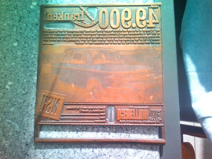 Unieke drukplaat met NSU Prinz 4 autoreclame., Collections, Marques automobiles, Motos & Formules 1, Utilisé, Voitures, Enlèvement ou Envoi