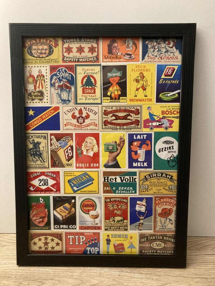 Etiquettes d'allumettes anciennes de Belgique sous cadre, Verzamelen, Rookartikelen, Aanstekers en Luciferdoosjes, Zo goed als nieuw