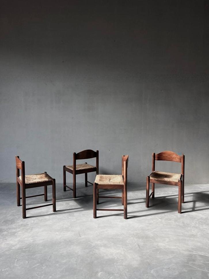 Vintage Mid Century houten stoelen, set van 4, Huis en Inrichting, Stoelen, Zo goed als nieuw, Hout, Ophalen