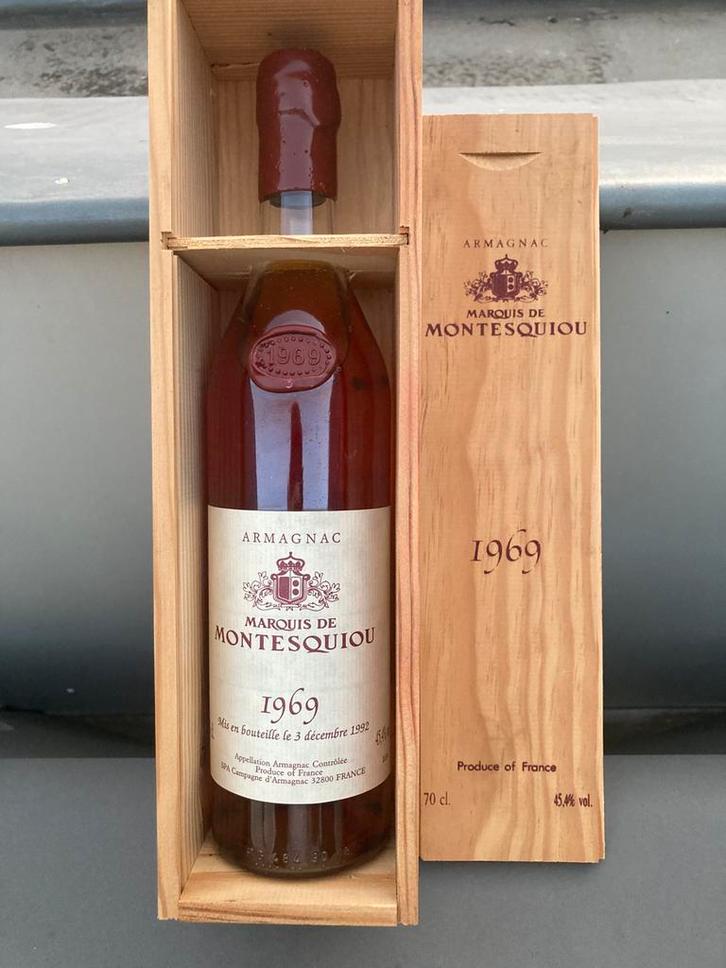 Armagnac Marquis de Montesquiou 1969, Verzamelen, Wijnen, Zo goed als nieuw, Overige typen, Frankrijk, Vol, Ophalen