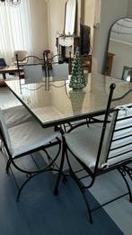 Tafel, 6 stoelen en een bank (smeedijzer - mozaïek), Ophalen, Zo goed als nieuw, Glas