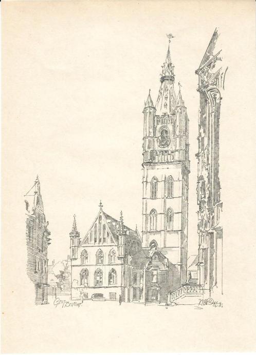 1900 - Gent - het Belfort / groot formaat, Antiek en Kunst, Kunst | Etsen en Gravures, Ophalen of Verzenden