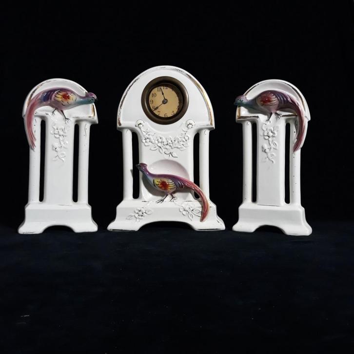 AMC Art Deco Mantel Klok Set Met Exotische Vogels, Antiek en Kunst, Antiek | Klokken, Ophalen of Verzenden