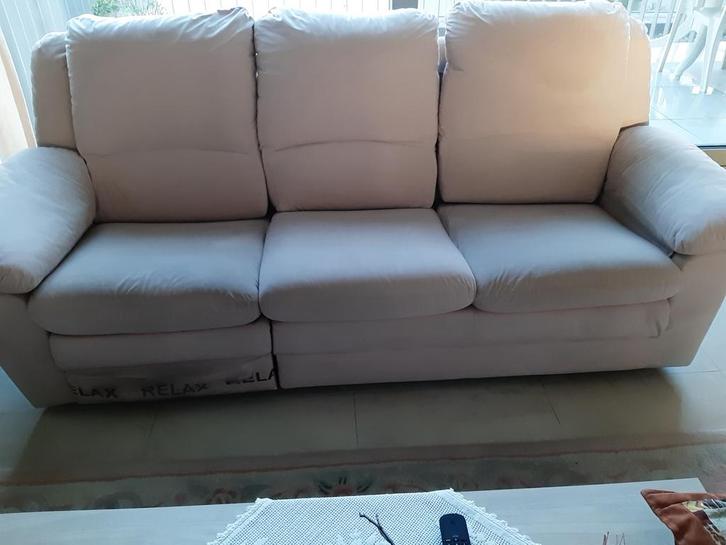 Beige stoffen salon, Huis en Inrichting, Zetels | Zetels, Gebruikt, Rechte bank, Vierpersoons of meer, Stof, Ophalen