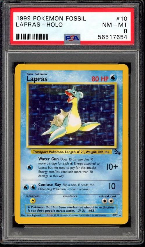 Lapras Holo PSA 8 - 10/62 - Fossil 1999, Hobby en Vrije tijd, Verzamelkaartspellen | Pokémon, Zo goed als nieuw, Losse kaart, Foil