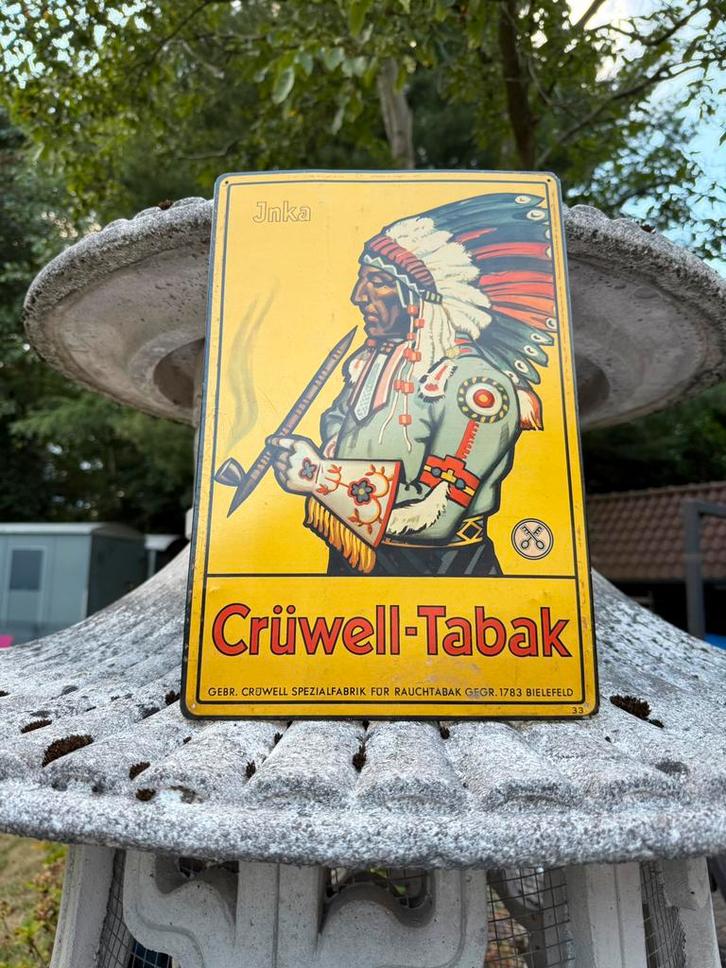 1950s Blikken Reclamebord Crüwell-Tabak, Verzamelen, Merken en Reclamevoorwerpen, Zo goed als nieuw, Reclamebord, Ophalen of Verzenden