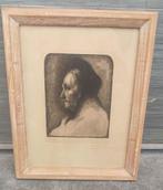 Gravure vieille dame signe René mallet, Ophalen of Verzenden