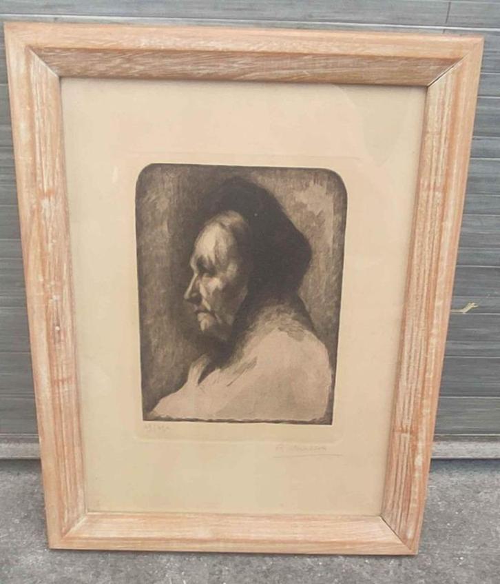 Gravure vieille dame signe René mallet, Antiek en Kunst, Kunst | Etsen en Gravures, Ophalen of Verzenden