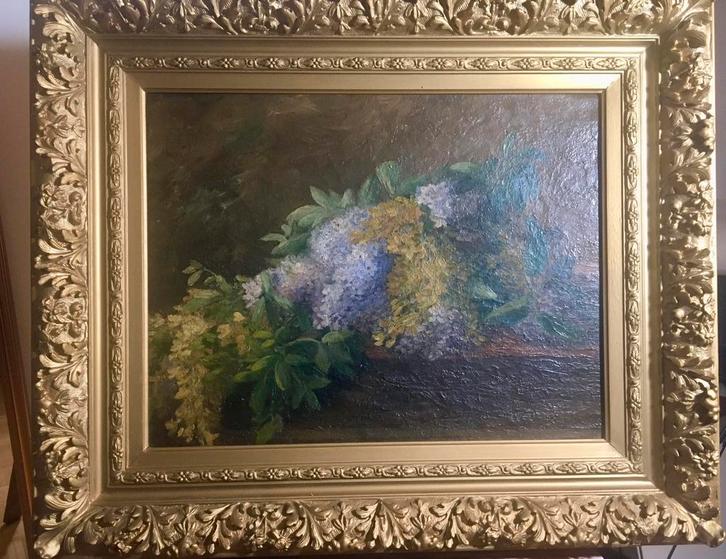 Antiek schilderij – “Seringenbloemen” in originele lijst, Antiek en Kunst, Kunst | Schilderijen | Klassiek, Ophalen