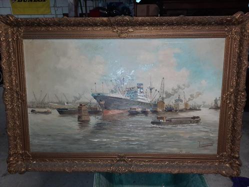 Olieverfdoek scheepsvaart haven, Antiek en Kunst, Kunst | Schilderijen | Klassiek, Ophalen