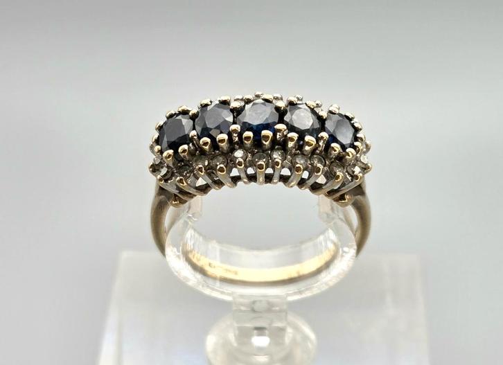 Gouden Vintage ring edelsteen saffier en diamant. 2025/819., Handtassen en Accessoires, Ringen, Zo goed als nieuw, Dame, Kleiner dan 17