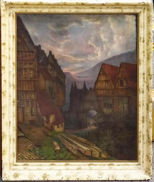M. Walraven: Stad in de bergen 1869 (O/D, 77 x 90 cm), Antiek en Kunst, Kunst | Schilderijen | Klassiek, Ophalen of Verzenden