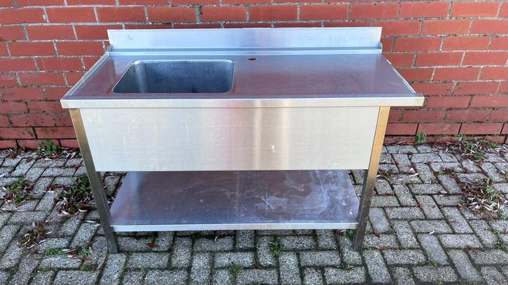 RVS werktafel met spoelbak en onderblad – 140x63x85 cm, Zakelijke goederen, Horeca | Meubilair en Inrichting, Overige typen, Gebruikt