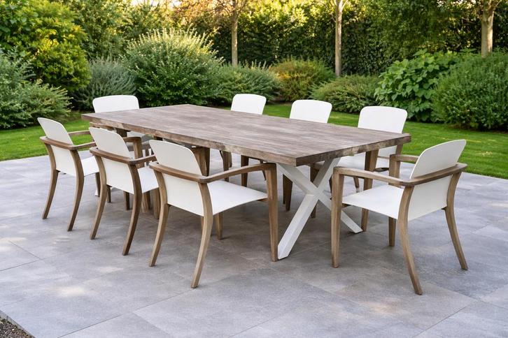Luxe design tuinset: Royal Botania 8 stoelen + grote tafel, Tuin en Terras, Tuintafels, Hout, Ophalen