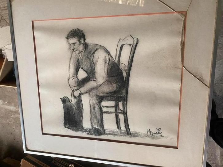 tres beau dessin de Henri ou henry Mathy l’homme au chat, Antiquités & Art, Art | Dessins & Photographie, Enlèvement ou Envoi