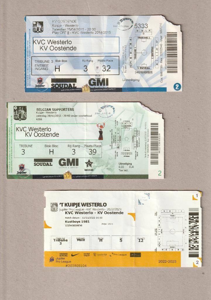 3 versch (gebruikte) tickets Westerlo - Oostende (2015-2022), Verzamelen, Sportartikelen en Voetbal, Gebruikt, Overige typen, Ophalen of Verzenden