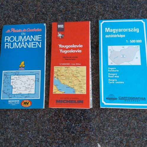 Roemenië, Hongarije, Joegoslavië. 3 vintage wegekaarten., Boeken, Atlassen en Landkaarten, Ophalen of Verzenden