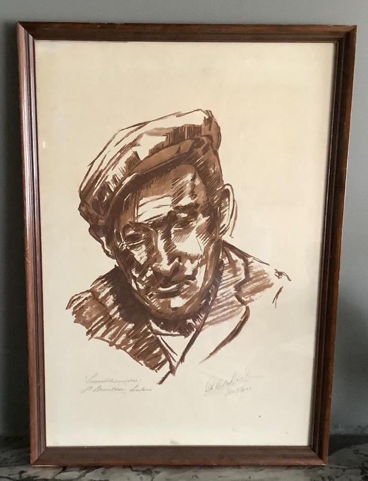 Tekening - « Landbouwer » - Sint Martens Latem, Antiek en Kunst, Kunst | Tekeningen en Fotografie, Ophalen of Verzenden