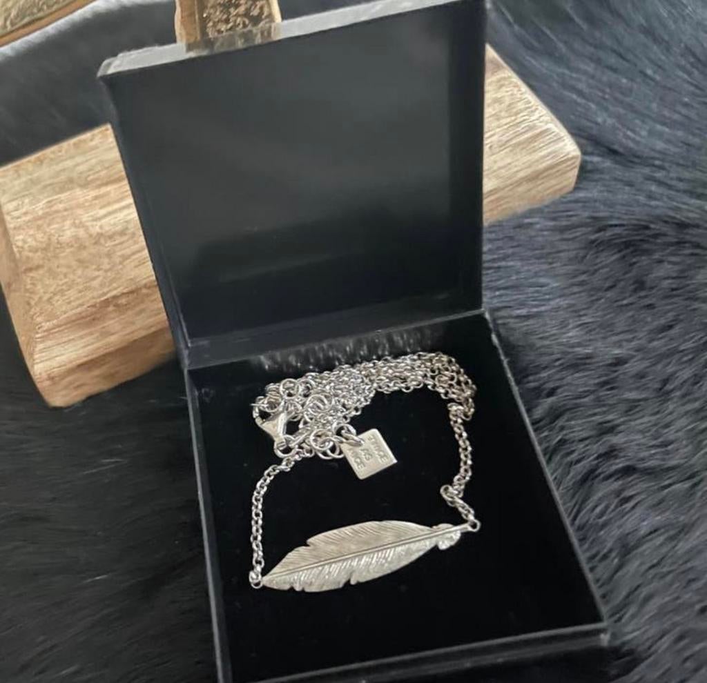 Halsketting met een veer - zilver 925, Bijoux, Sacs & Beauté, Colliers, Enlèvement, Argent, Réglable