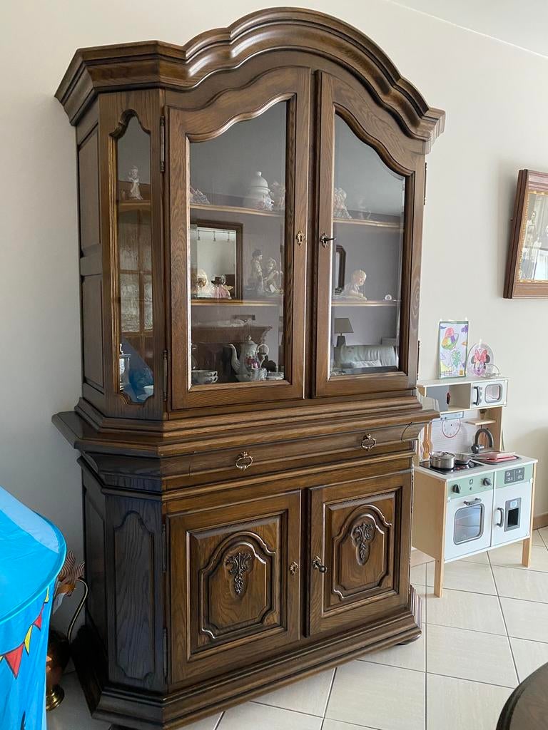 Massief eiken eetkamer + spiegel + lederen 3 zit, Huis en Inrichting, Ophalen, Zo goed als nieuw