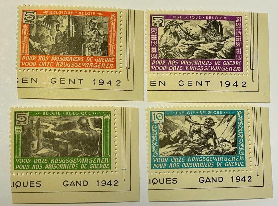 4 Postzegel vignetten: Krijgsgevangen zegels Gent 1942, Ophalen of Verzenden