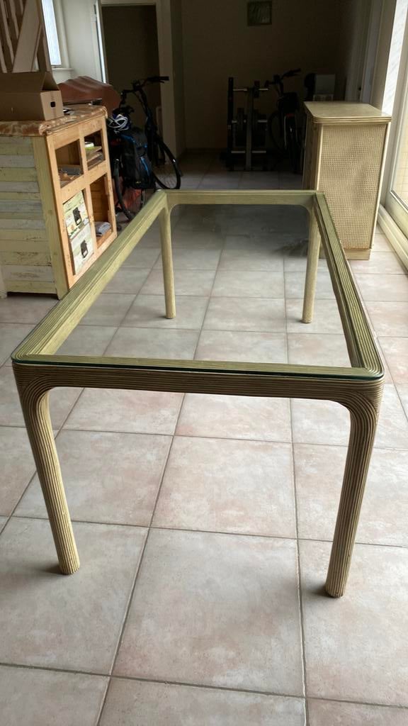Table en osier avec plateau en verre, Enlèvement, Comme neuf, Bois de teck