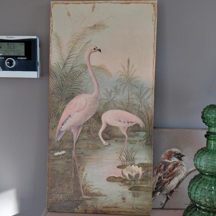 Vintage schilderij met flamingo's, Antiek en Kunst, Kunst | Schilderijen | Modern, Ophalen of Verzenden