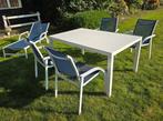 Tuintafel met 4 stoelen en ligzetel, Tuin en Terras, Ophalen, Gebruikt, Rechthoekig, Aluminium