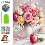 nr 228 Diamond Painting vaas met rozen 40x30cm (rond), Hobby en Vrije tijd, Knutselen, Roze, Verzenden, Nieuw, Natuur en Bloemen