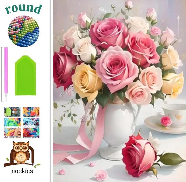 nr 228 Diamond Painting vaas met rozen 40x30cm (rond), Hobby en Vrije tijd, Knutselen, Nieuw, Diamond painting, Educatief, Zelfklevend