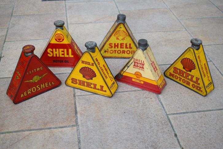 collection rare 6 bidon huile triangulaire shell 1930, Collections, Marques & Objets publicitaires, Utilisé, Panneau publicitaire
