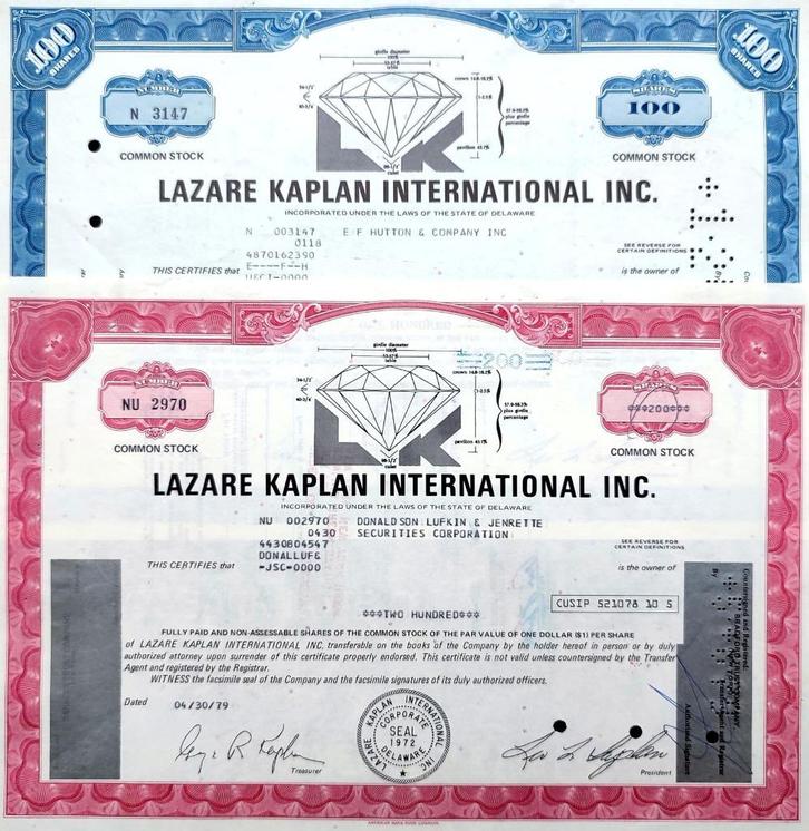 Lazare Kaplan International (Diamantsector) Inc. 1973 & 1979, Postzegels en Munten, Aandelen en Waardepapieren, Ophalen of Verzenden