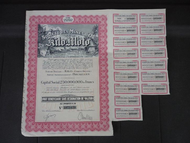 Aandeel - Société des Mines d'Or de Kilo-Moto, Postzegels en Munten, Aandelen en Waardepapieren, Aandeel, 1920 tot 1950, Ophalen of Verzenden