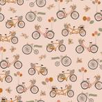 Nieuw : stof van Bio Organic katoen poplin bikes and flowers, 200 cm of meer, Nieuw, Ophalen of Verzenden, 120 cm of meer