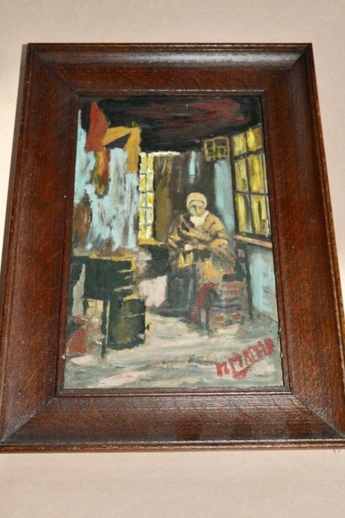 Antiek schilderijtje op eiken paneel, Antiek en Kunst, Kunst | Schilderijen | Klassiek, Ophalen of Verzenden