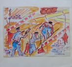 MARTHE VELLE / VISSERS AAN DE KADE / ORIGINEEL WERK 33x35cm, Antiek en Kunst, Ophalen of Verzenden