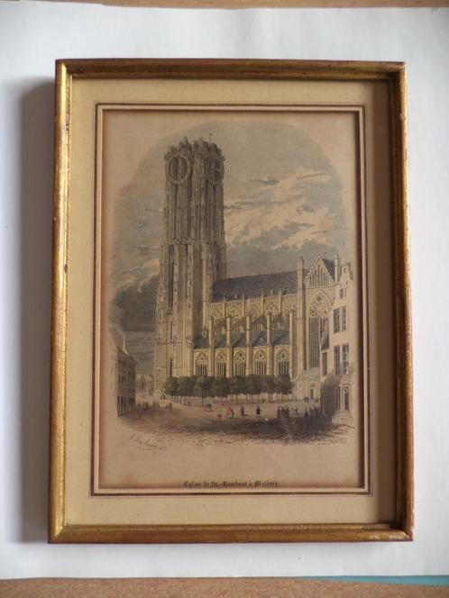1843 F. Stroobant handgekleurde gravure Mechelen St Rombouts, Antiquités & Art, Art | Eaux-fortes & Gravures, Enlèvement ou Envoi