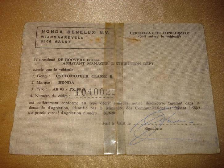 Ancien Certificat de Conformité Cyclomoteur Honda PX 50, Motos, Modes d'emploi & Notices d'utilisation, Honda, Enlèvement ou Envoi