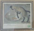OSWALD POREAU / KAT MET VISBOKAAL / KLEURETS / 23x25cm KADER, Ophalen of Verzenden