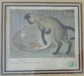 OSWALD POREAU / KAT MET VISBOKAAL / KLEURETS / 23x25cm KADER beschikbaar voor biedingen