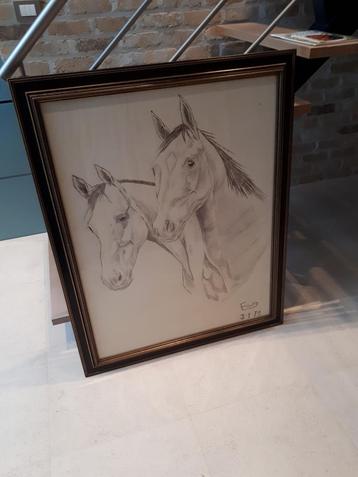 Mooie kader met 2 handgetekende paarden, 90 B X 113 H, Antiek en Kunst, Ophalen