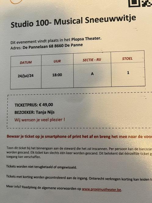 1 ticket musical Sneeuwwitje Plopsa Theater Plopsaland, Tickets en Kaartjes, Theater | Musical, Eén persoon, Juli