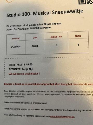 1 ticket musical Sneeuwwitje Plopsa Theater Plopsaland 