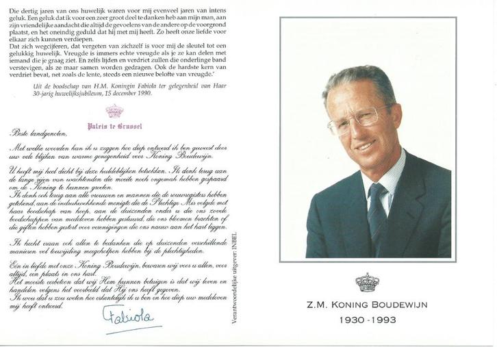 Rouwprent Koning Boudewijn 1930-1993, Verzamelen, Koningshuis en Royalty, Ophalen of Verzenden