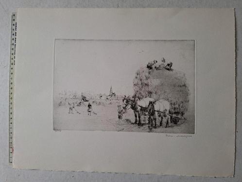 Fraaie ets Romain Malfliet Landschap met paarden en hooikar, Antiek en Kunst, Kunst | Etsen en Gravures, Ophalen of Verzenden