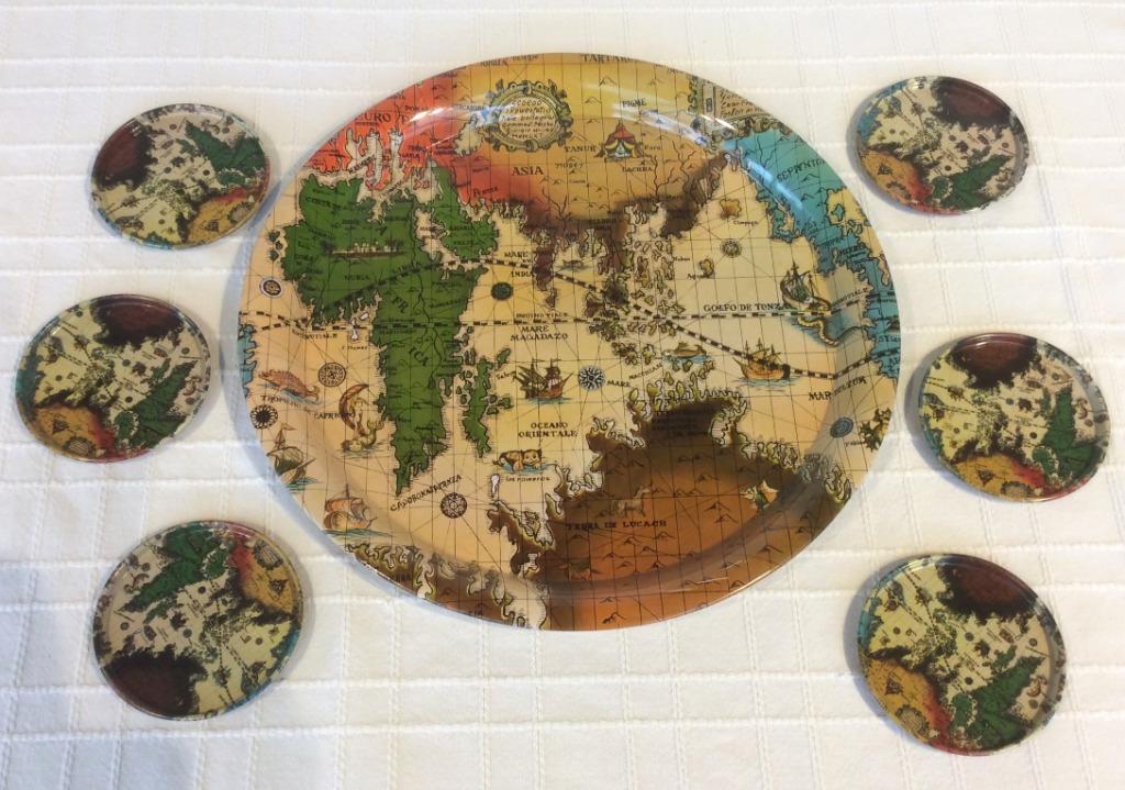 Plateau à cartes du monde vintage + 6 sous-verres magnétique, Maison & Meubles, Accessoires pour la Maison | Plateaux, Enlèvement ou Envoi