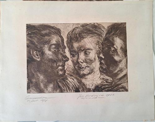 VERDEGEM Jos "Conversation" 1943 ets, Antiek en Kunst, Kunst | Etsen en Gravures, Ophalen of Verzenden
