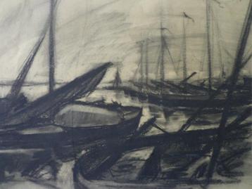tekening in houtskool met bootjes Zuiderzee uit 1950