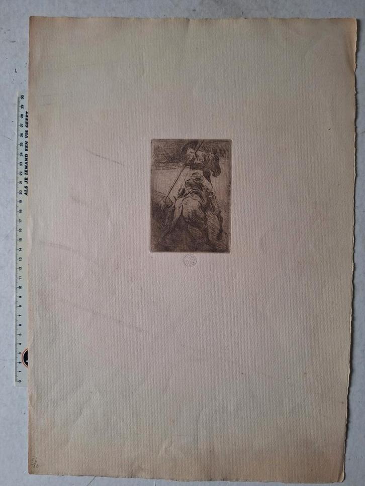 Originele ets van Jean Delvin Ruiter, paard en stier, Antiek en Kunst, Kunst | Etsen en Gravures, Ophalen of Verzenden