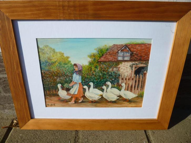 Schilderij : meisje met de ganzen., Antiek en Kunst, Kunst | Schilderijen | Klassiek, Ophalen of Verzenden